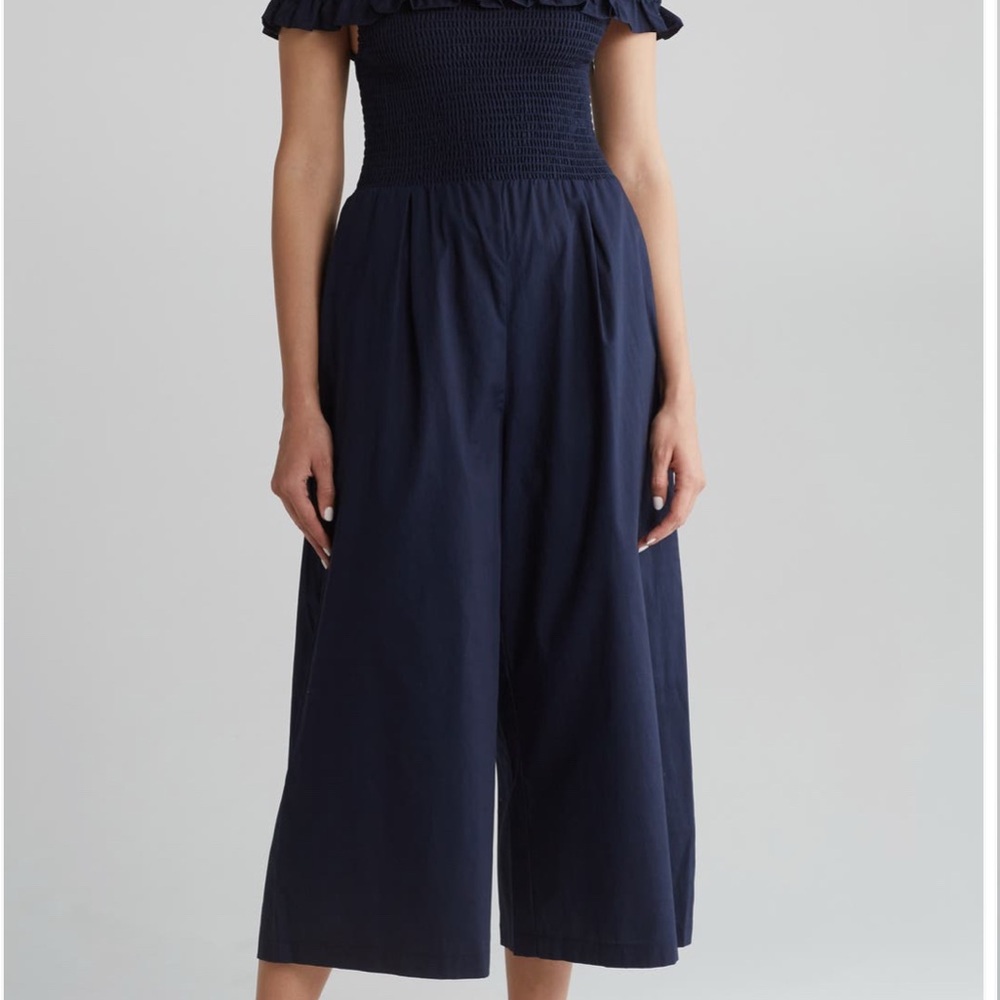 Eliza J Navy Blue Wide-Leg Jumpsuit with Smocked Waist